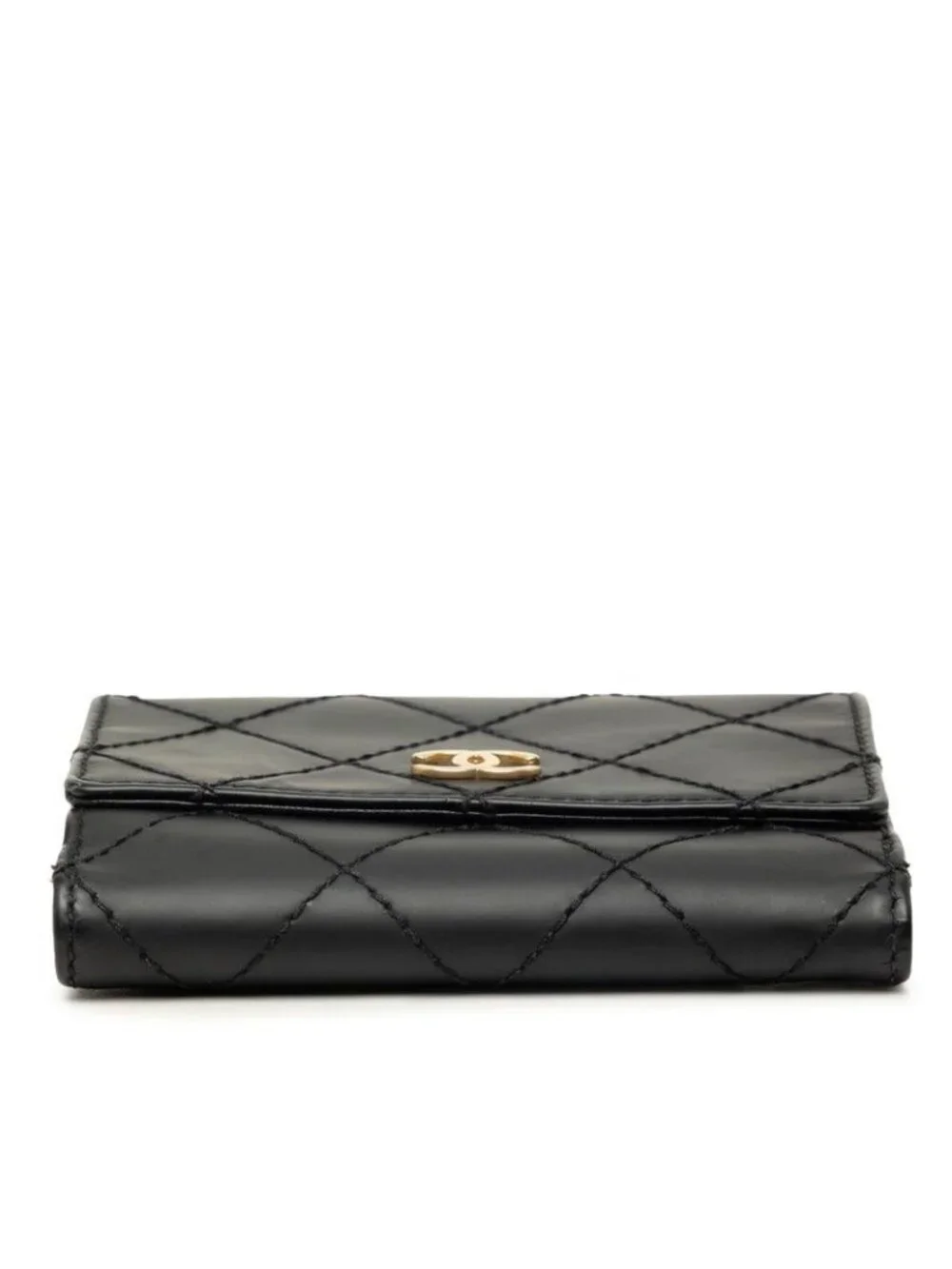 Chanel Wild Stitch CC Logo Bifold Wallet Black Gold Leather